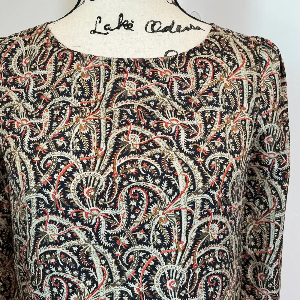 J.Crew 100%‎ Silk Long Sleeve Blouse Top Paisley Print Career Casual Black 0